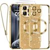 Kokio Glitter Magnetica Cover per iPhone 15 Pro con Cordino, Compatibile con MagSafe, Brillantini Sottile Silicone TPU Antiurto Custodia per iPhone 15 Pro con 2 Vetro Temperato Bumper, Oro