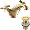 HEXMIXER Rubinetto per lavabo da bagno in stile vittoriano dorato con tappo per lavabo a doppia leva a croce in ottone a collo di cigno miscelatore tradizionale per lavabo 044GO