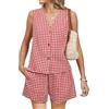 amropi 2 Pezzi Completi a Quadri Donna Collo a V Gilet Senza Maniche con Bottoni e Pantaloncini con Tasche Estate Set Rosso,XXL