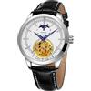 FORSINING Orologio automatico da uomo con fasi lunari scheletro grande quadrante meccanico orologio da polso casual business orologi in pelle impermeabile, bianco