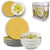 ARCA, Set 12 Piatti Coordinati Flowers in Porcellana Decorata, Servizio per 6 Persone, con Piatti Fondi e Piani, Moderni e Colorati, Lavabili in Lavastoviglie, Colore Giallo