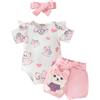 HEOXIN Set di vestiti per neonate, maniche corte a scatto con bottone, scollo rotondo, cartone animato, orso amore, cuore, stretching pantaloncini, fascia per abbigliamento estivo, rosa 3-6 Mesi
