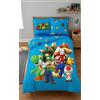 Halantex Parure da letto blu Super Mario 135 x 200 cm + 80 x 80 cm, con Mario, Luigi, Toad, Peach, Wario & Yoshi, copripiumino e federa, taglia tedesca