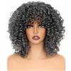 PORSMEER Parrucca afro da 14 pollici, riccia crespa per donne nere, parrucca bomba afro con frangia, in fibra sintetica, senza colla, capelli lunghi a onde profonde (mix nero bianco)