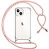 Pnakqil Cover per iPhone 13 mini con Cordino, Trasparente Custodia con Laccio Tracolla Cellulare Girocollo Collana Protettiva per iPhone 13mini 5.4, Rosa