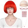 MUNSKT Set di 5 parrucche rosse a caschetto corto, con occhiali, retina per capelli, collana con cuore rosso, adesivi a forma di cuore, per cosplay, feste al neon, uso quotidiano, carnevale, per