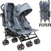 Jovikids Passeggino Gemellare Leggero per Bambini 0-36 Mesi, Doppio Passeggino per Gemelli/Fratelli fino a 15 kg, Cappottina Estesa, 5 Punti di Sicurezza, 2 Grandi Cestini (Grigio)