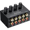 PROZOR Mixer Audio Passivo 4 Canali con Manopole Volume Miscelatore Audio 4 Canali Passive Portatile Supporta Input/Output RCA Mixer Stereo Compatto per DJ, Mixer Home Theater e Home Studio
