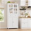 HOCSOK Credenza Cucina, 180 cm Alta Mobile Dispensa con 2 Ante in Vetro, Mobile Buffet con 4 Ante e 2 Cassetti, per Sala da Pranzo, Ufficio, Soggiorno, Moderno, Bianco
