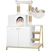 Hzuaneri Mobile Lettiera per Gatti, Cuccia per Gatti 4 in 1 Con Grande Piattaforma, Cuccia per Gatto Con Tappetino Antigraffio in Sisal, Pali, Scale E Pompon, Cuscini Lavabili, Bianco CB81013A