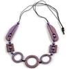 Avalaya Collana lunga con perline di legno dipinte viola lilla geometrica, cordoncino nero, 100 cm max/regolabile