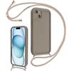 Coalbooliy Cover per iPhone 15 Plus 6,7 con Cordino per Cellulare, Custodia Silicone con Regolabile Collana Sottile Morbida Case Protezione della fotocamera Antiurto con Necklace, Cachi