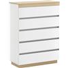 HOMCOM Cassettiera Legno 5 Cassetti Minimal con guida in metallo, per camere, soggiorni e corridoi, 80x40x109 cm, Bianco e color Rovere| Aosom Italy