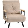 HOMCOM Poltrona convertibile 3 in 1 letto 1 posto con schienale 5 posizioni, braccioli in legno e cuscino, velluto effetto velluto, beige