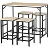 HOMCOM Set Tavolo da Bar Industriale + 4 Sgabelli Poggiapiedi in Legno colore Rovere Chiaro Telaio in Metallo Nero
