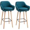 HOMCOM Sgabelli da Bar Design Scandinavo - Set di 2 Sgabelli da Bar Grand Confort con Poggiapiedi e Braccioli - Legno Massiccio Lino Blu