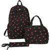 Makukke Kawaii - Zaino scolastico 3 in 1 con adorabile fragola, in velluto a coste, con portapranzo in pile e astuccio per bambini da 8 a 10 anni, Nero, M, Zaino daypack