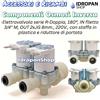 Ricambio Osmosi Inversa Elettrovalvola Serie R Doppia 180°, 220V. IN 3/4" M - OUT 2x 8 mm JG. Con Riduttore 0,25 L/min, Staffa Plastica