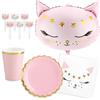 Decoraparty Set Stoviglie Tema Gatti per 12 Persone, Decorazioni in Oro e Rosa da Tavola con Gattini 12 Piatti, 20 Tovaglioli, 12 Bicchieri, 6 candeline, 1 palloncino (51 pz)