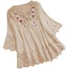 Ybing Camicetta da donna in mussola, elegante pizzo ricamato, in lino, tinta unita, con bordo in pizzo, tunica, in cotone e lino, sottile, scollo rotondo, a O, a maniche corte, leggera, per adolescenti e