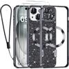 Kokio Glitter Magnetica Cover per iPhone 15 con Cordino, Compatibile con MagSafe, Brillantini Sottile Silicone TPU Antiurto Custodia per iPhone 15 con 2 Vetro Temperato Bumper, Nero