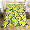 Homemissing, set copripiumino giallo limone con frutta fresca, set di biancheria da letto per bambini e adulti, con foglie verdi, fiori viola e lino, 2 pezzi, con 1 federa per cuscino, misura singola