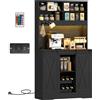 HOMCOM Credenza da Cucina Alta Stile Rustico con 2 Armadietti, Portabottiglie, Prese di Ricarica e Luci LED, Nero | Aosom Italy