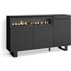 Skraut Home | Credenza, Mobile, Cucina | Madia, mobile ingresso | 150x87x35cm | 3 Porte | Camino elettrico | Design industriale | Stile moderno | Nero