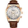 Stührling Original orologio cronografo da uomo, quadrante argentato con data, tachimetro e indicatore 24 ore. Cassa in acciaio oro rosa e cinturino in pelle marrone. Elegante e funzionale.