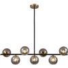 KCO Illuminazione Nero e Oro Lineare Cucina Sospensione Lampadario Moderno Mid Century 7 Luci Vetro Fumo Globo Rotondo Vintage Lungo Sala da Pranzo