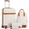 KONO Set di valigie Valigia bagaglio a mano ABS+PC Hardshell Travel Trolley con serratura TSA e 4 ruote Spinner, Crema/Marrone, 20 Inch Luggage Set, Valigia da viaggio leggera con guscio rigido