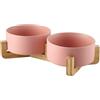 Mersjo, Ciotola in ceramica doppia rosa 2 x 400 ml, per cani, gatto, ciotola per cibo con supporto in legno massello, ciotola per alimenti