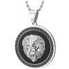 COOLSTEELANDBEYOND Uomo Acciaio Testa di Leone Cerchio Ciondolo Collana Pendente con Zirconi, Nero Onice, Motivo Chiave Greco, Argento Nero