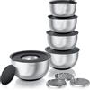Arendo - Set di ciotole per insalata in acciaio inox, 5 pezzi, con coperchi di chiusura sicura - 3 grattugiatori - Ciotole da 1,6 a 5 litri - Fondo in silicone - Lavabile in lavastoviglie - Senza BPA