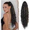FESHFEN Coda Capelli Extension con Coulisse Lunga Ondulati Ricci Ponytail Posticci Sintetici Coda Cavallo Extensions per Donna, 65 cm Nero Caramello Evidenziato