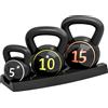 SPORTNOW Set 3 Kettlebell da 2.2 kg, 4.5 kg e 6.8 kg con Base Piatta e Portapesi, in Plastica e Sabbia, Nero | Aosom Italy