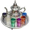 Horus Artesanía de Egipto Set da tè marocchino, teiera in argento tedesco o alpaca da 800 ml con gambe, vassoio con gambe 32 cm e 6 bicchieri colorati