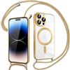 Pnakqil Magnetica Cover con Cordino per iPhone 14 Pro Max, Compatibile con Magsafe Ricarica Wireless, Trasparente Placcatura Disegno Custodia con Collana Laccio Tracolla, Ultra Sottile (Oro)