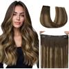 hotbanana Extension Capelli Veri con Filo Invisibile, 35cm 75g Balayage Marrone Cioccolato a Biondo Caramello Capelli Umani Remy Lisci, Invisible Wire Hair Extensions, Extension in Capelli Veri