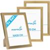 PHOTOLINI Cornici 15x20 cm oro legno MDF, set di 3 cornici per poster, plexiglass infrangibile, da tavolo o da parete, accessori extra inclusi - per foto, immagini e poster