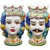 sicilia bedda - Coppia Teste di Moro SICILIANE in Ceramica di CALTAGIRONE - Realizzate a Mano - H Centimetri 18 - Elegante Complemento d'Arredo (Corona Verde)