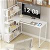Klihome Scrivania Angolare a Forma di L 120cm, con Libreria 4 Ripiani, Scrivania Salvaspazio, Tavolo da Ufficio, Postazione di Lavoro in Legno e Metallo, Bianco, K0005TS