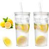PORFOYO Bicchiere frullato da 600 ml, 2 tazze da caffè in vetro con cannuccia e coperchio, tazze di vetro, per bicchiere frullato, tazza di succo, bicchiere bolla tè, tazze in vetro da caffè ghiacciato