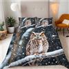 Generico Set Copripiumino Singolo 150x200 cm 3-Pezzi + 2 Federe 50x75 Microfibra Morbida 3D Gufo Nella Neve Stampa Biancheria da Letto con Cerniera e Fascette Angolari Adatto ad Giovane