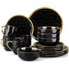 LOVECASA Serie Apollo Servizio di Piatti con Bordo Oro Servizio Combinati in Gres Set di Stoviglie per 4 Persone, 16 Pezzi con 4 Ciotole, 4 Tazze, 4 Piatti da Dessert e 4 Piatti Piani Nero