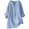 Generic Camicie di lino con maniche a 3/4 per le donne allentate 2025 abbigliamento estivo oversize colletto alla coreana manica lunga T-shirt fluida vestibilità ampia con frange party button down tinta unita