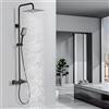 Detbom Colonna Doccia con Miscelatore Termostatico Nero, DETBOM Set Doccia con Soffione Doccia a Pioggia 25 cm, Doccetta a 3 Funzioni con Silicone, Asta Doccia Acciaio Inox Regolabile 96-120 cm