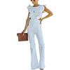 Hecatombic Tuta Svasata in Denim da Donna Tuta Girocollo con Volant Senza Schienale Tuta Dritta A Vita Alta Elegante Moda Casual Pantaloni in Tinta Unita (Bianco,S)