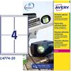 AVERY Poliestere adesivo L4774 bianco 20fg A4 99,1x139mm (4et/fg) laser Avery