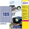 AVERY Poliestere adesivo L6008 argento 20fg A4 25,4x10mm (189et/fg) laser Avery